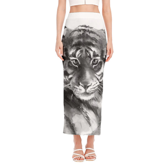 Monochrome Watercolor White Tiger Print Side Slit Maxi Skirt