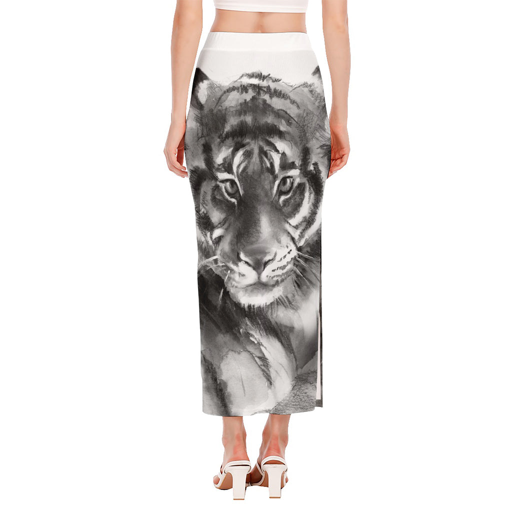 Monochrome Watercolor White Tiger Print Side Slit Maxi Skirt