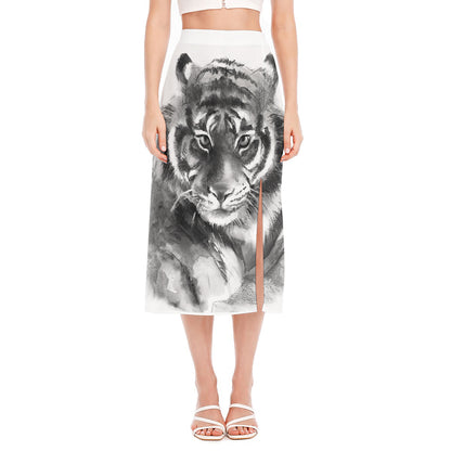 Monochrome Watercolor White Tiger Print Side Slit Midi Skirt