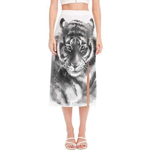 Monochrome Watercolor White Tiger Print Side Slit Midi Skirt