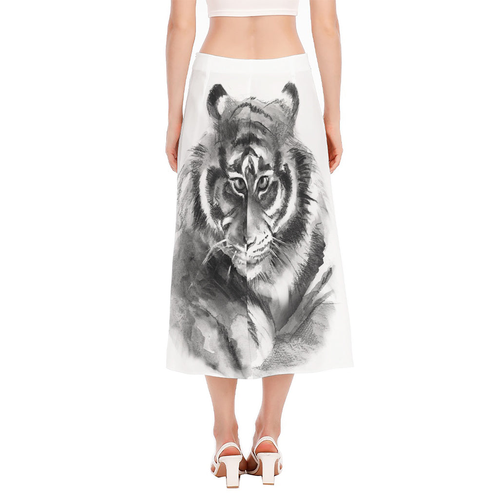 Monochrome Watercolor White Tiger Print Side Slit Midi Skirt