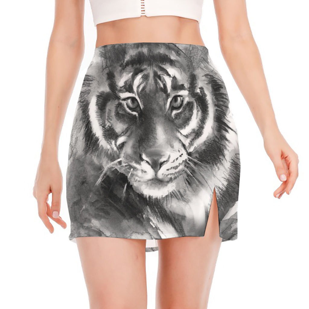 Monochrome Watercolor White Tiger Print Side Slit Mini Skirt