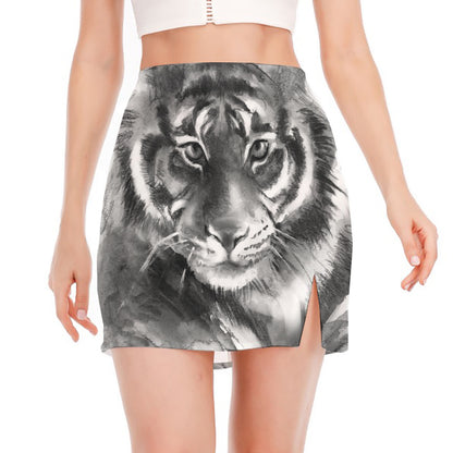 Monochrome Watercolor White Tiger Print Side Slit Mini Skirt