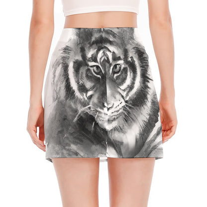 Monochrome Watercolor White Tiger Print Side Slit Mini Skirt