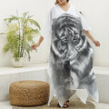 Monochrome Watercolor White Tiger Print Silk V-Neck Kaftan Dress
