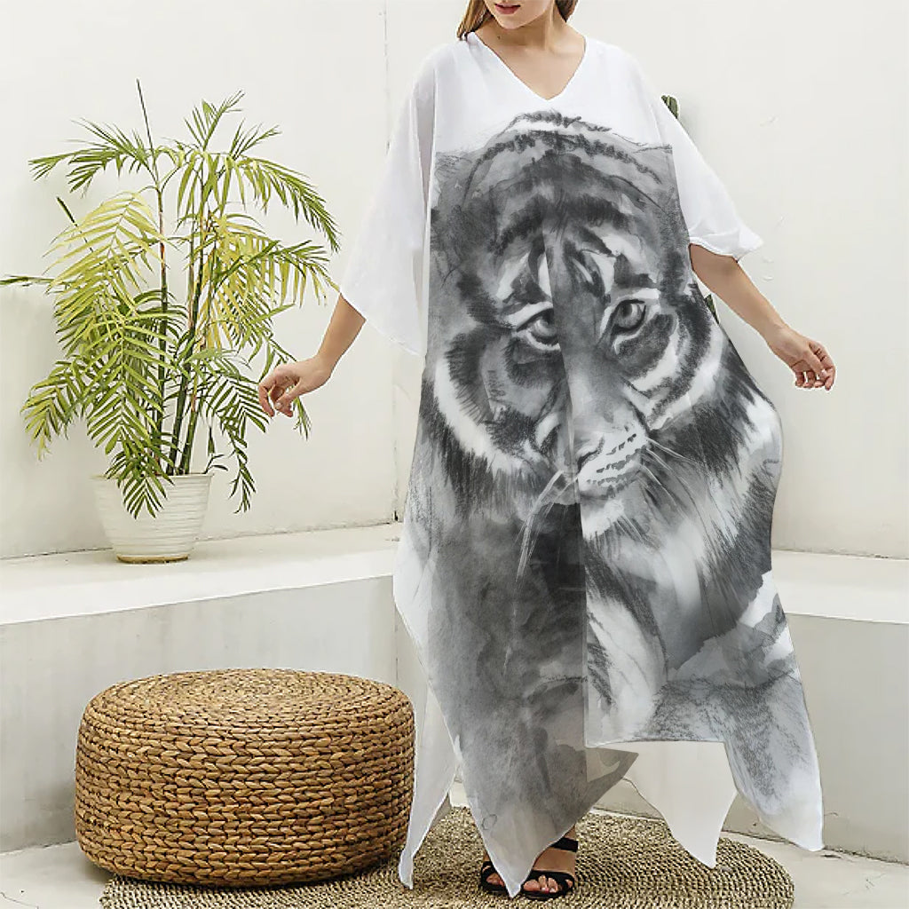 Monochrome Watercolor White Tiger Print Silk V-Neck Kaftan Dress