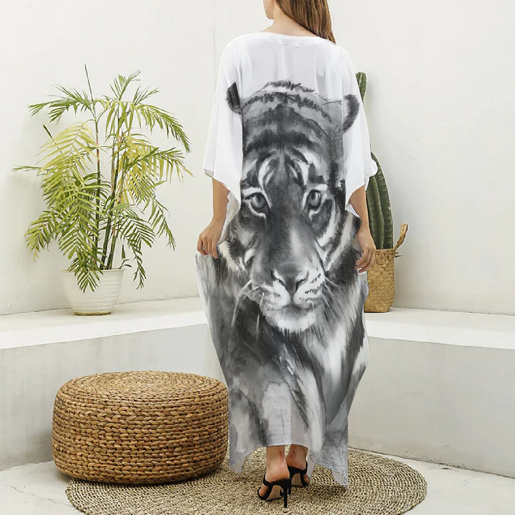 Monochrome Watercolor White Tiger Print Silk V-Neck Kaftan Dress