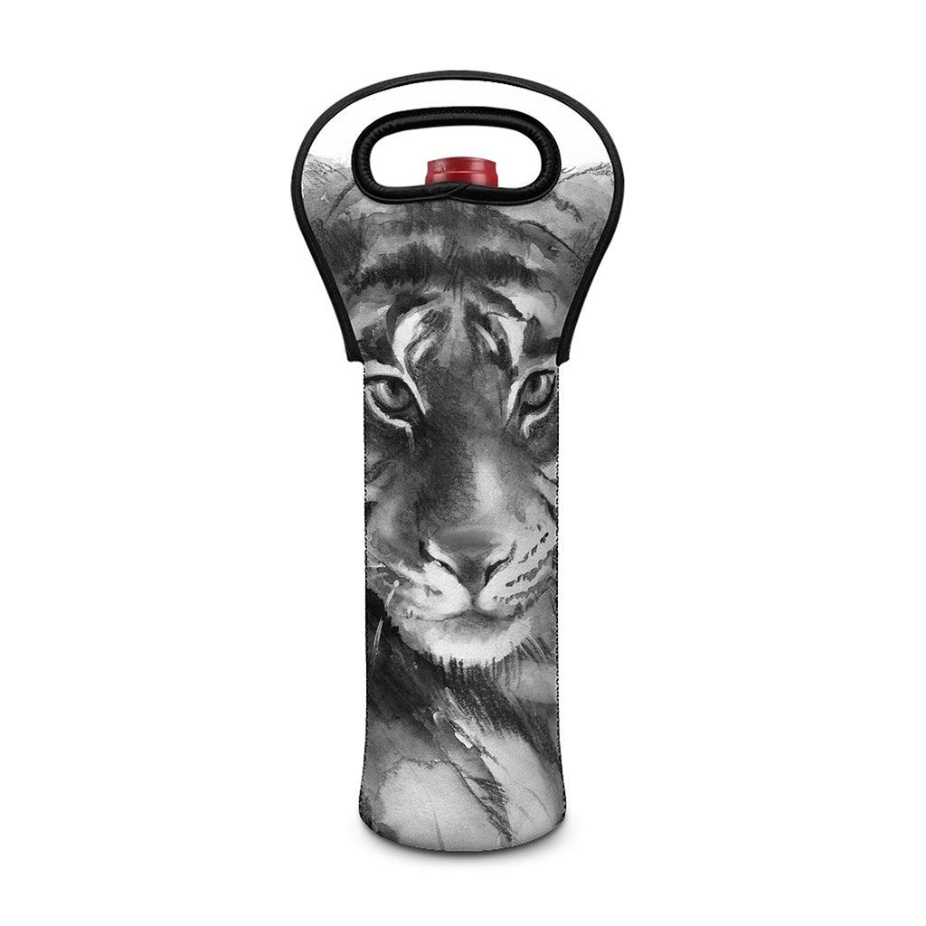 Monochrome Watercolor White Tiger Print Single Neoprene Wine Tote