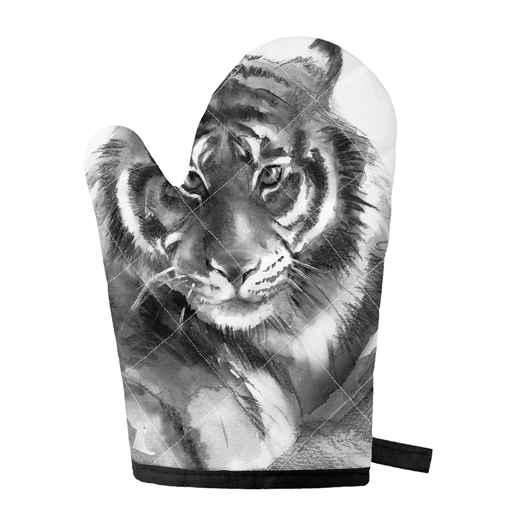 Monochrome Watercolor White Tiger Print Single Oven Mitt