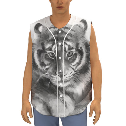 Monochrome Watercolor White Tiger Print Sleeveless Baseball Jersey