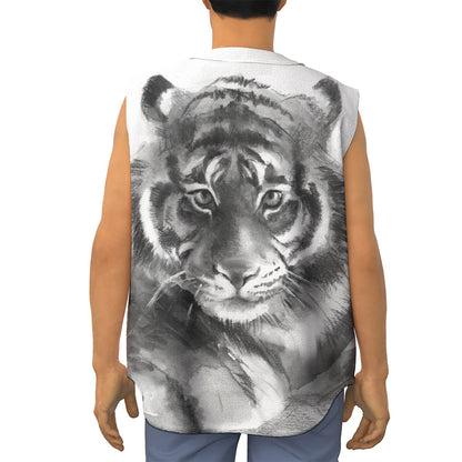 Monochrome Watercolor White Tiger Print Sleeveless Baseball Jersey