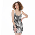 Monochrome Watercolor White Tiger Print Sleeveless Bodycon Dress