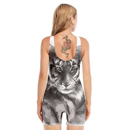 Monochrome Watercolor White Tiger Print Sleeveless One Piece Swimsuit
