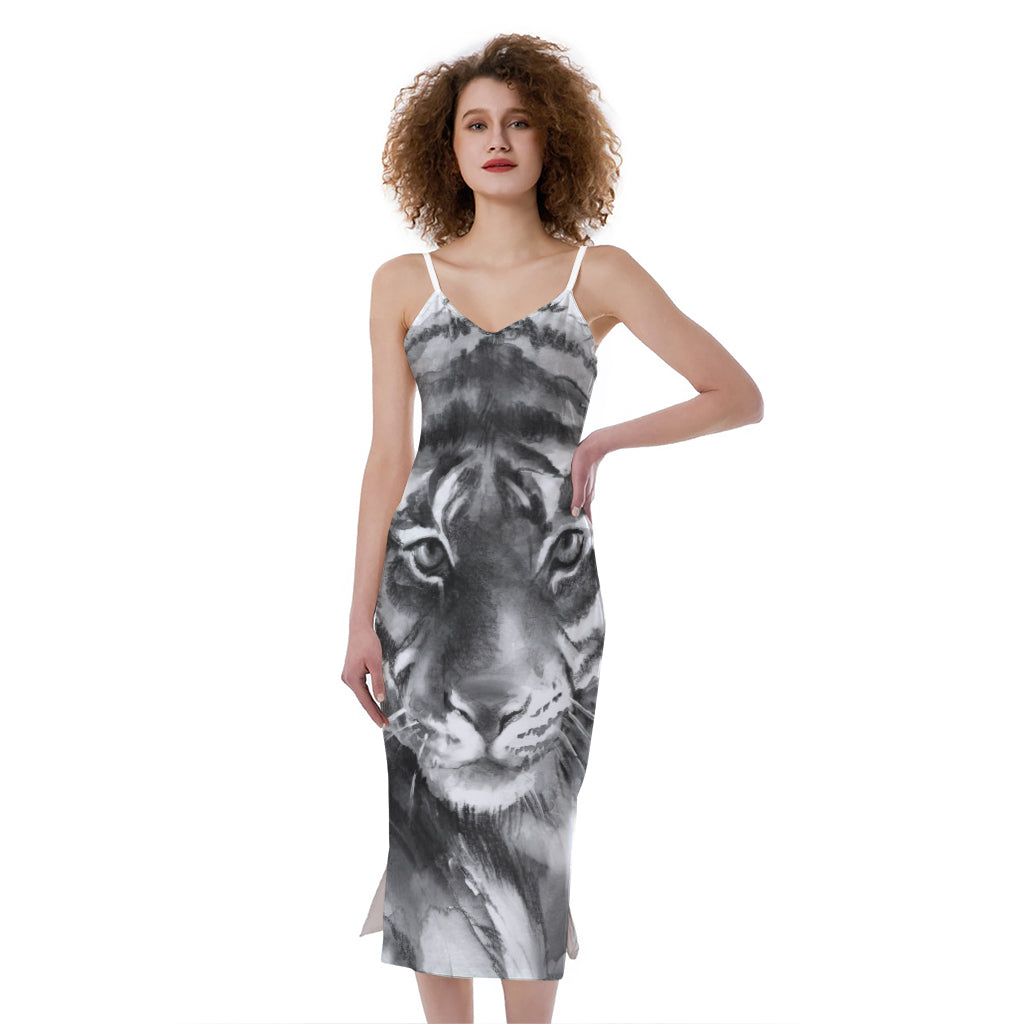 Monochrome Watercolor White Tiger Print Slim Fit Midi Cami Dress