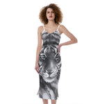 Monochrome Watercolor White Tiger Print Slim Fit Midi Cami Dress