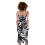 Monochrome Watercolor White Tiger Print Slim Fit Midi Cami Dress