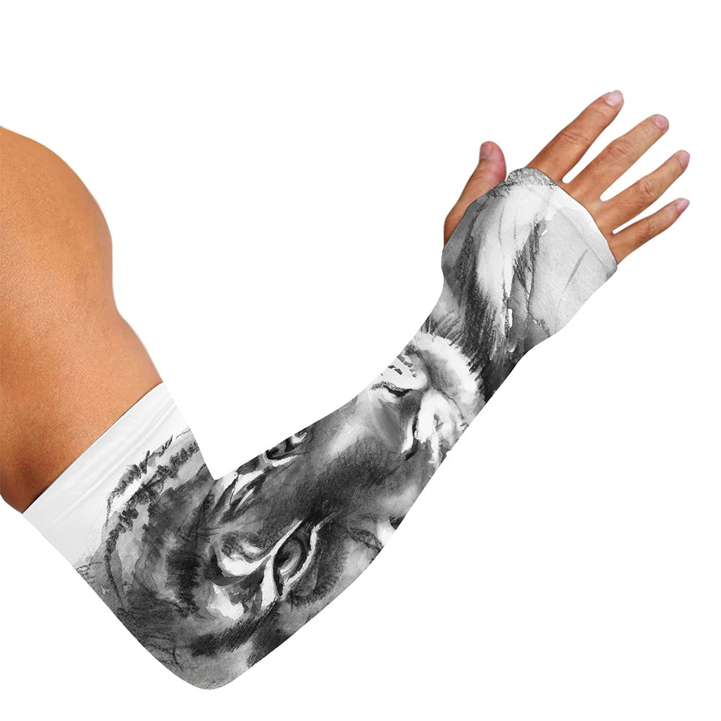 Monochrome Watercolor White Tiger Print Sun Protection Arm Sleeves