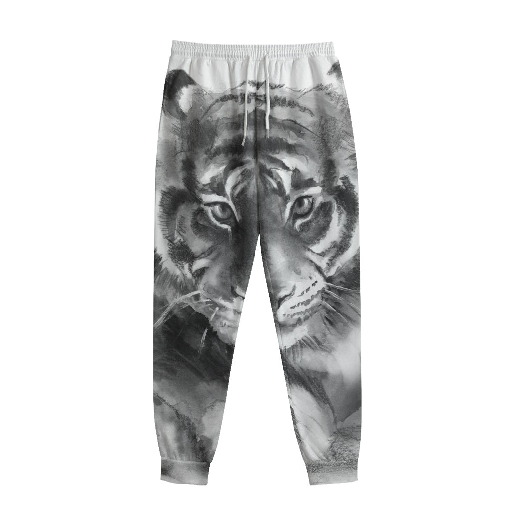 Monochrome Watercolor White Tiger Print Sweatpants