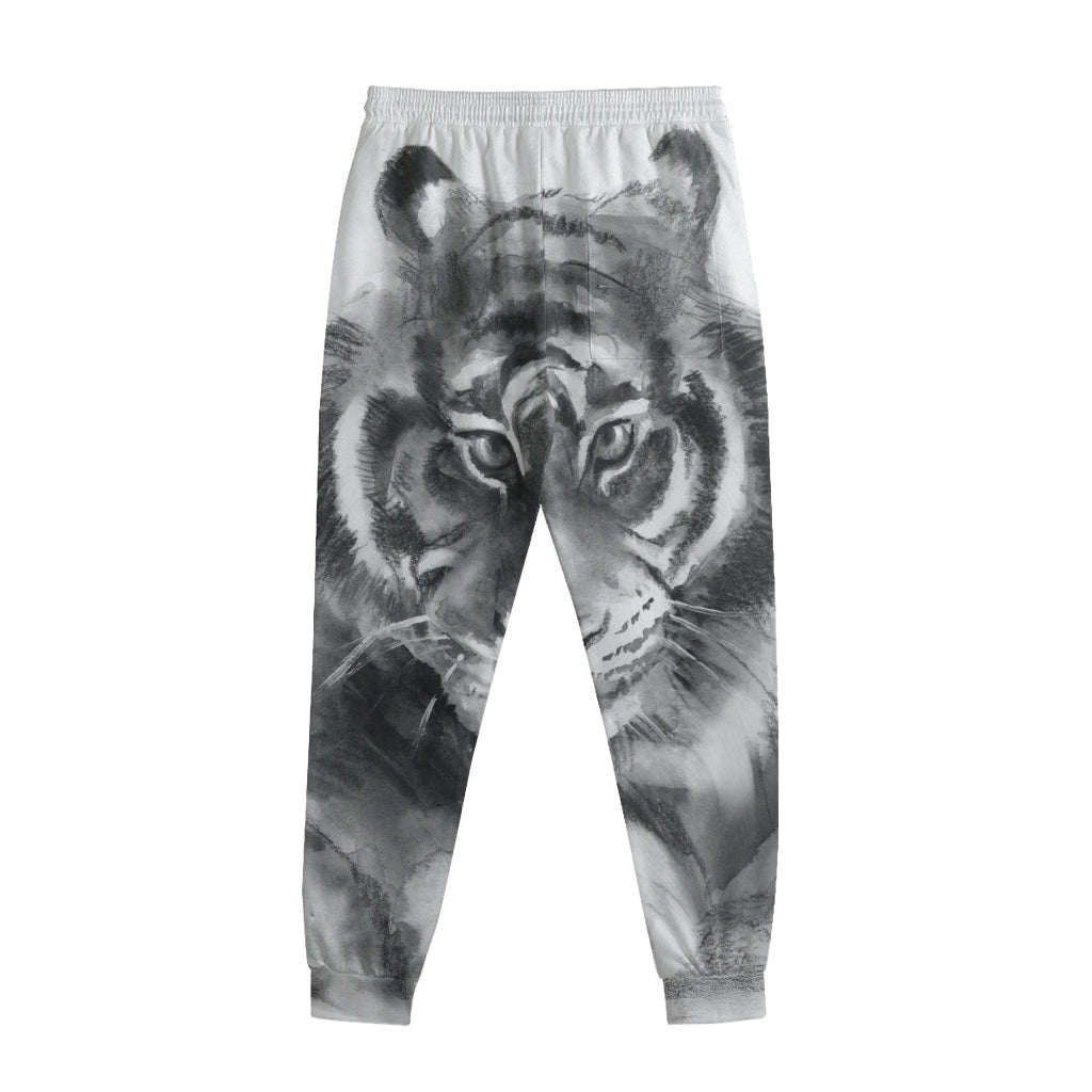 Monochrome Watercolor White Tiger Print Sweatpants