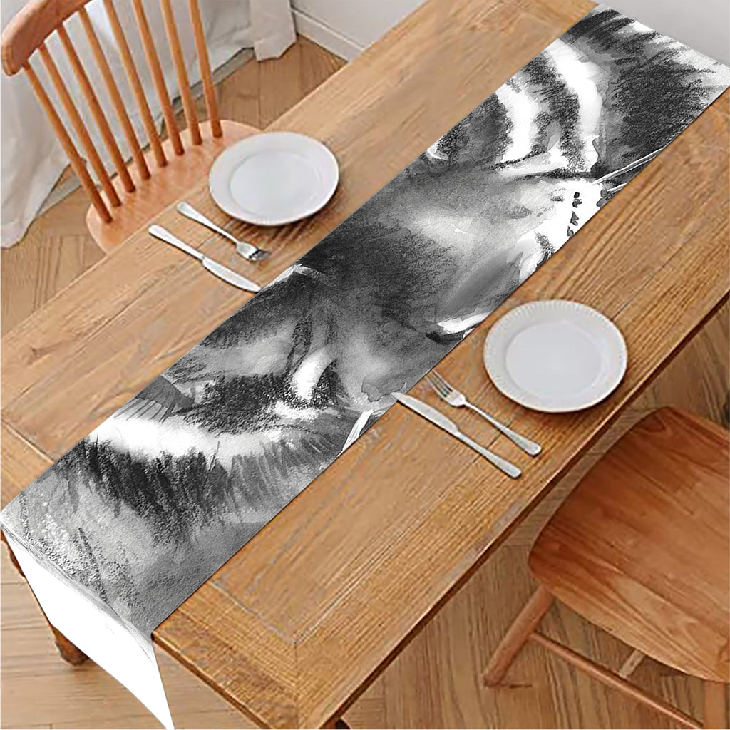 Monochrome Watercolor White Tiger Print Table Runner