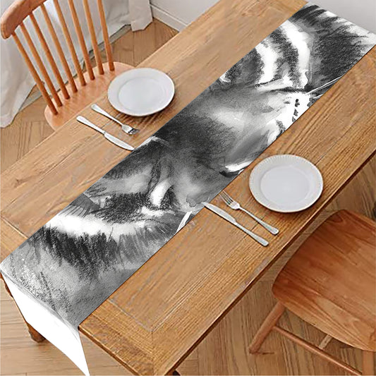 Monochrome Watercolor White Tiger Print Table Runner
