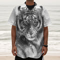 Monochrome Watercolor White Tiger Print Textured Short Sleeve Shirt