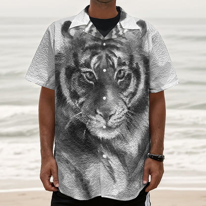 Monochrome Watercolor White Tiger Print Textured Short Sleeve Shirt