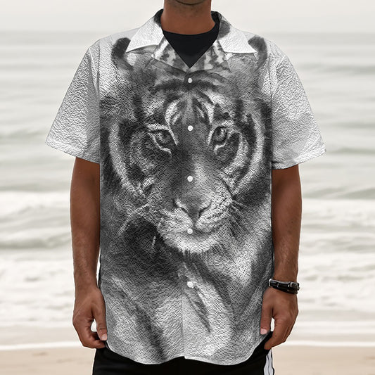 Monochrome Watercolor White Tiger Print Textured Short Sleeve Shirt