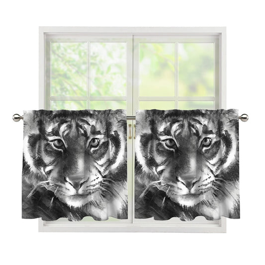 Monochrome Watercolor White Tiger Print Tier Curtains