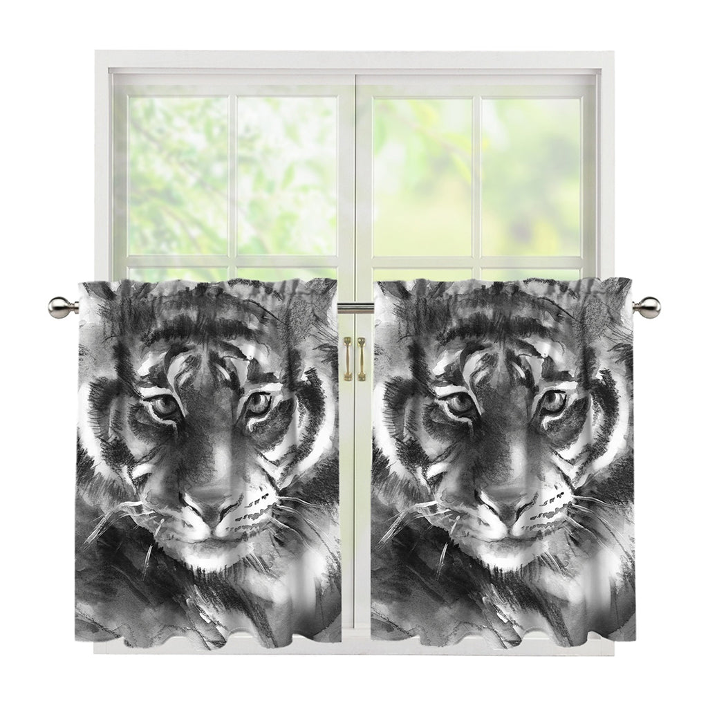 Monochrome Watercolor White Tiger Print Tier Curtains