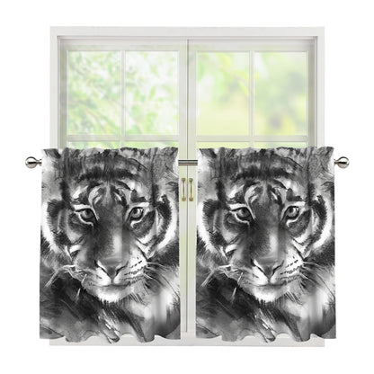 Monochrome Watercolor White Tiger Print Tier Curtains