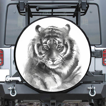 Monochrome Watercolor White Tiger Print Tire Cover
