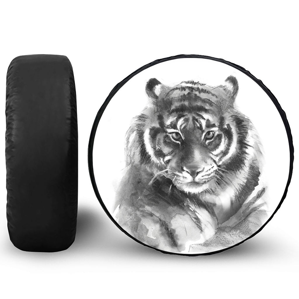 Monochrome Watercolor White Tiger Print Tire Cover