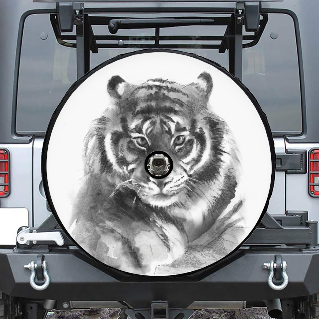 Monochrome Watercolor White Tiger Print Tire Cover With Camera Hole