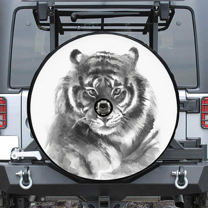 Monochrome Watercolor White Tiger Print Tire Cover With Camera Hole