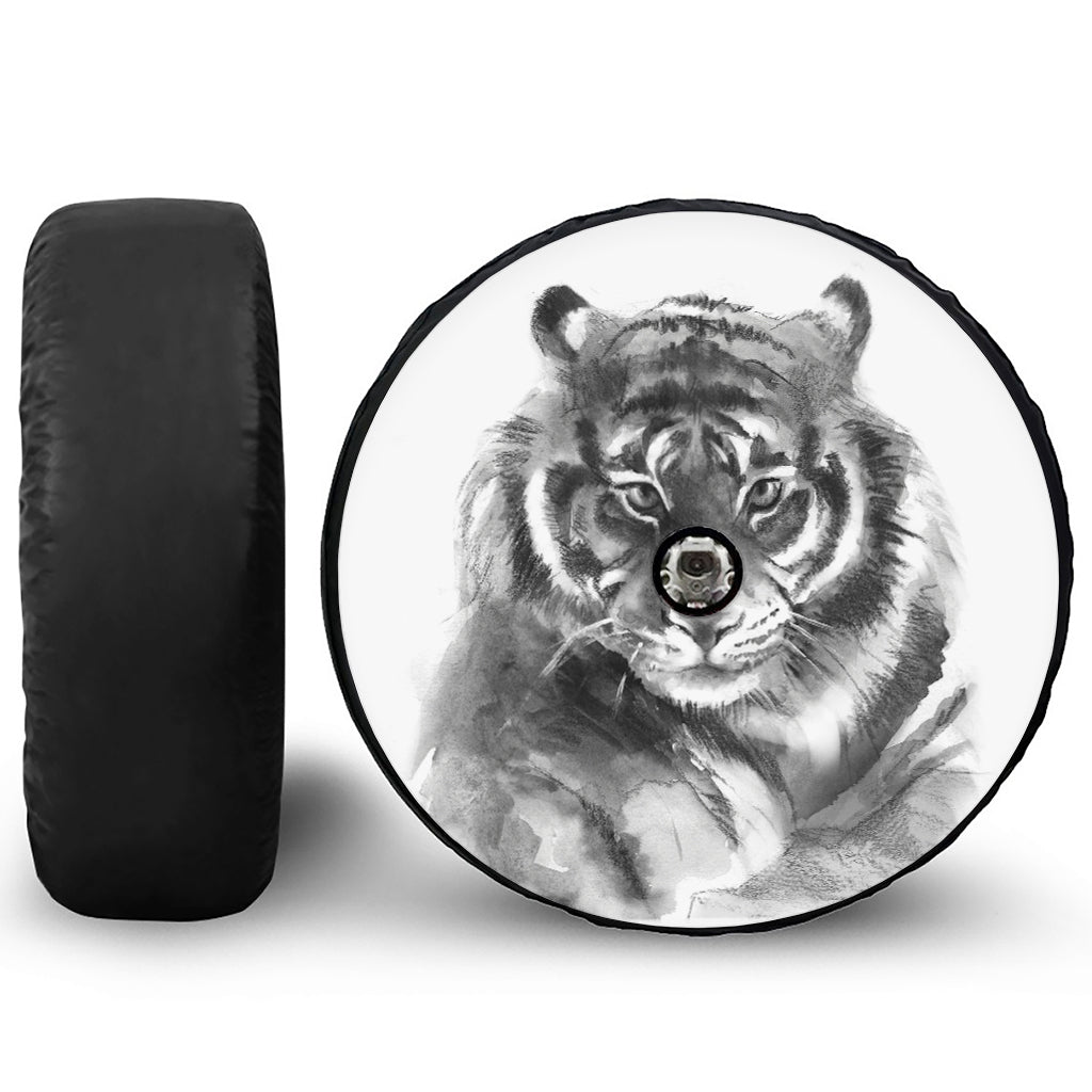 Monochrome Watercolor White Tiger Print Tire Cover With Camera Hole