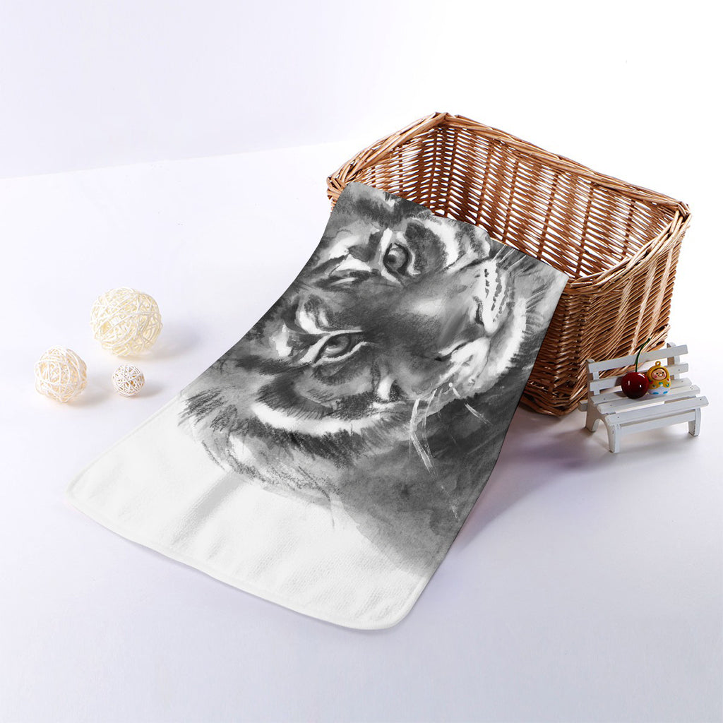 Monochrome Watercolor White Tiger Print Towel