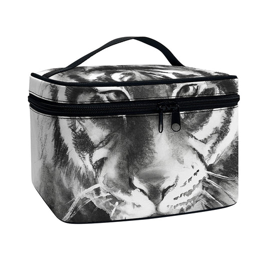 Monochrome Watercolor White Tiger Print Travel Makeup Bag