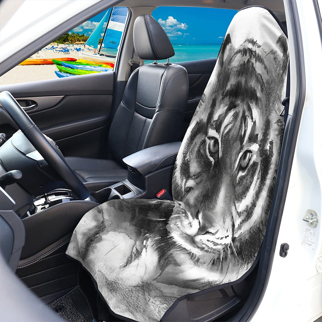 Monochrome Watercolor White Tiger Print Waterproof Car Seat Cover