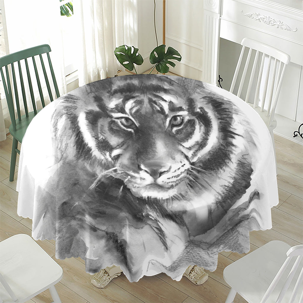 Monochrome Watercolor White Tiger Print Waterproof Round Tablecloth