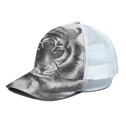 Monochrome Watercolor White Tiger Print White Mesh Trucker Cap