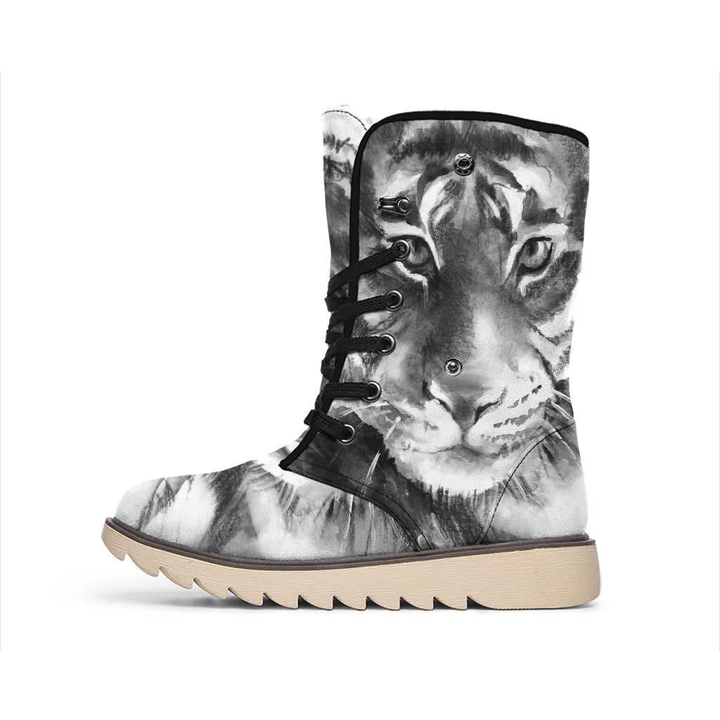 Monochrome Watercolor White Tiger Print Winter Boots