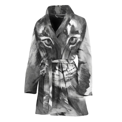 Monochrome Watercolor White Tiger Print Women's Bathrobe