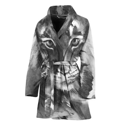 Monochrome Watercolor White Tiger Print Women's Bathrobe