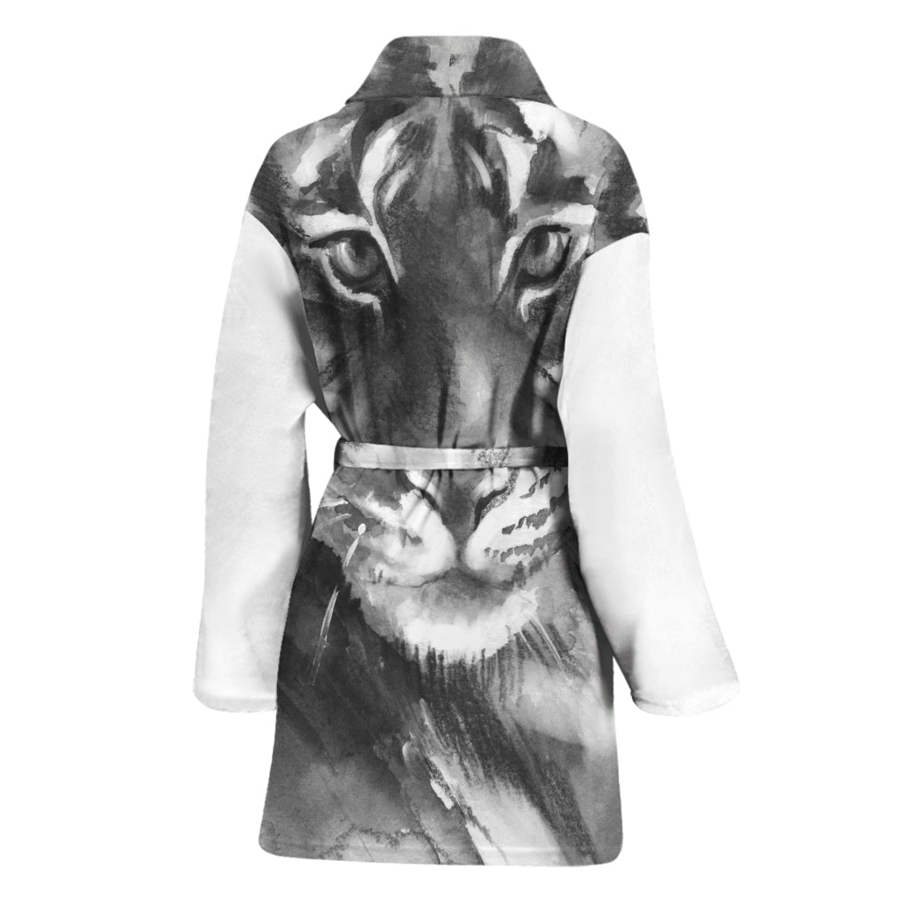 Monochrome Watercolor White Tiger Print Women's Bathrobe