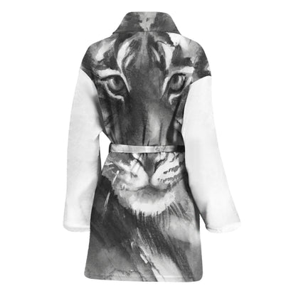 Monochrome Watercolor White Tiger Print Women's Bathrobe