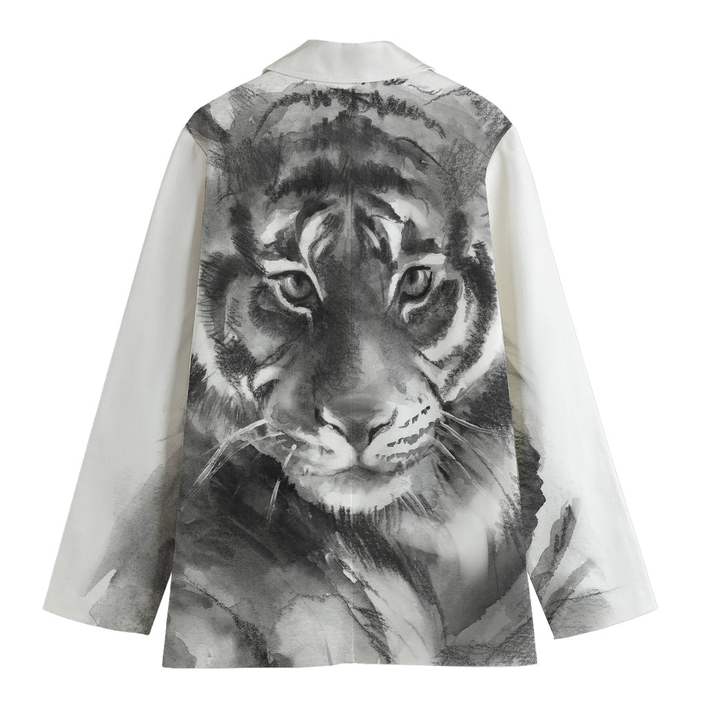 Monochrome Watercolor White Tiger Print Women's Blazer