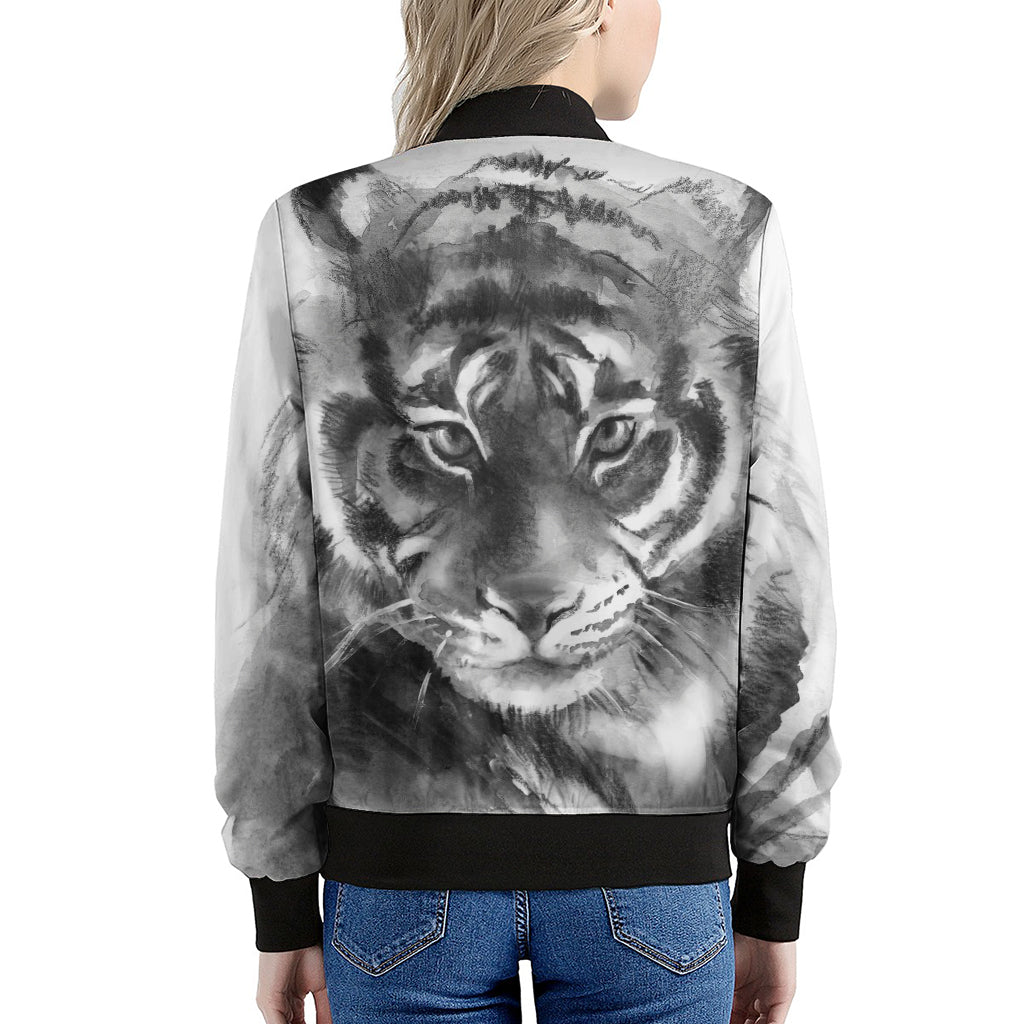 Monochrome Watercolor White Tiger Print Women's Bomber Jacket