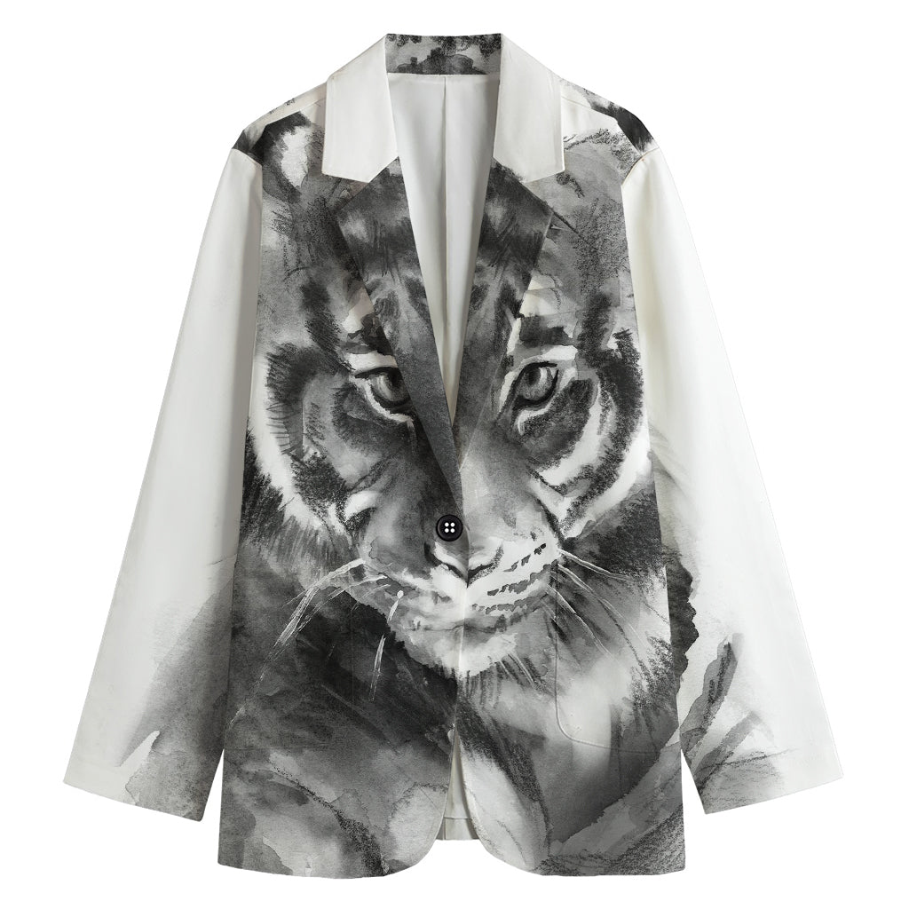 Monochrome Watercolor White Tiger Print Women's Cotton Blazer