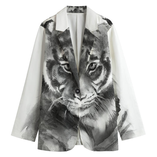 Monochrome Watercolor White Tiger Print Women's Cotton Blazer